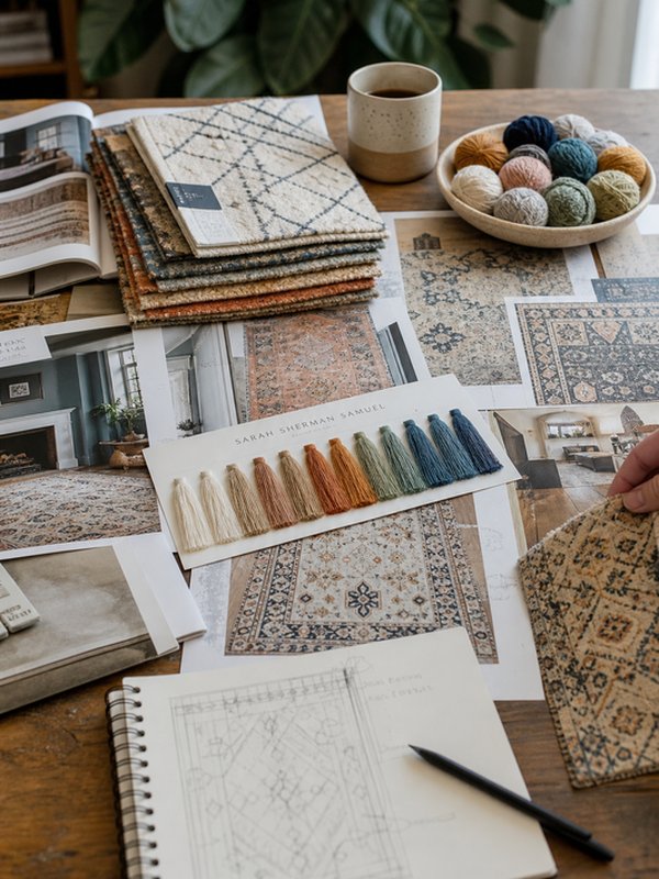 Designer desk with fabric swatches and mood board materials