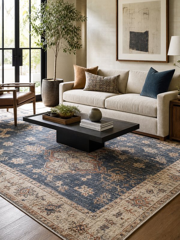 Modern living room with contemporary area rug